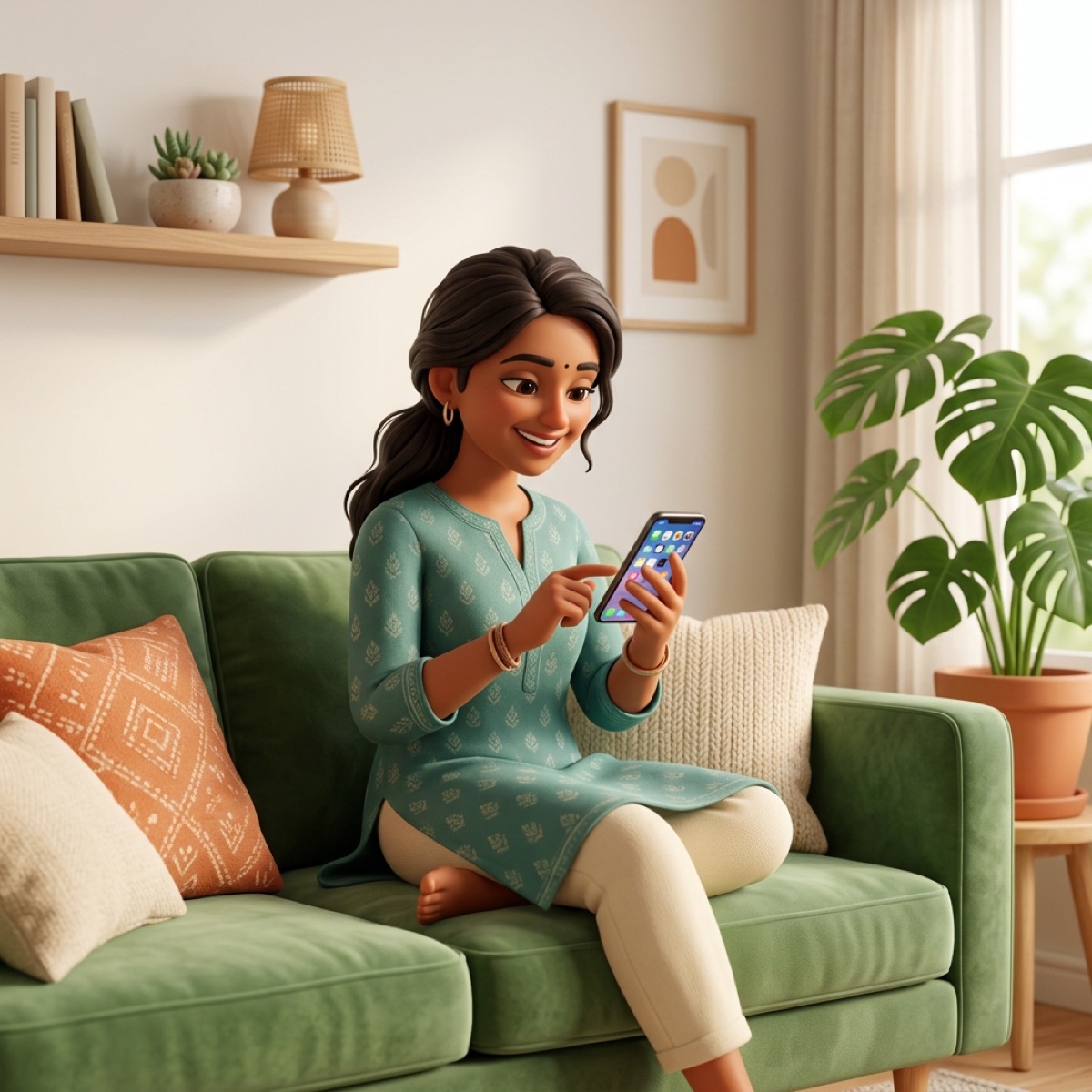 A customer relaxing at home with a cup of tea